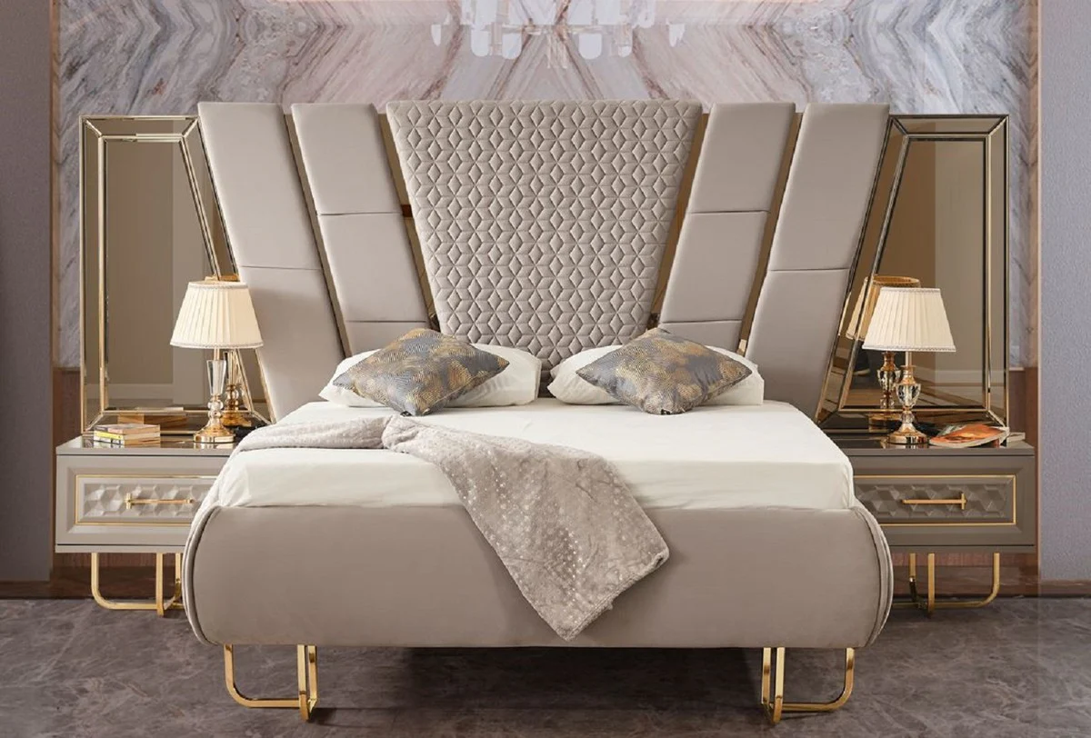Luxus Art Deco Schlafzimmer Set Grau / Gold - 1 Doppelbett mit Kopfteil & 2 Nachtkommoden - Art Deco Schlafzimmer Möbel - Luxus Schlafzimmer Möbel - Luxus Einrichtung
