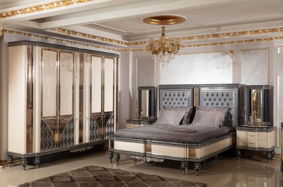 Luxus Barock Nachtkommode Beige / Schwarz / Gold - Prunkvoller Barockstil Nachttisch mit 2 Schubladen - Luxus Schlafzimmer Möbel im Barockstil - Barock Möbel - Barock Interior