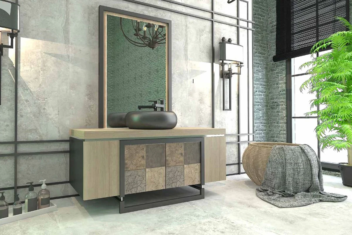 Luxus Badezimmer Set Naturfarben / Mehrfarbig / Schwarz - 1 Waschtisch mit 4 Türen und 1 Waschbecken und 1 Wandspiegel - Luxus Qualität