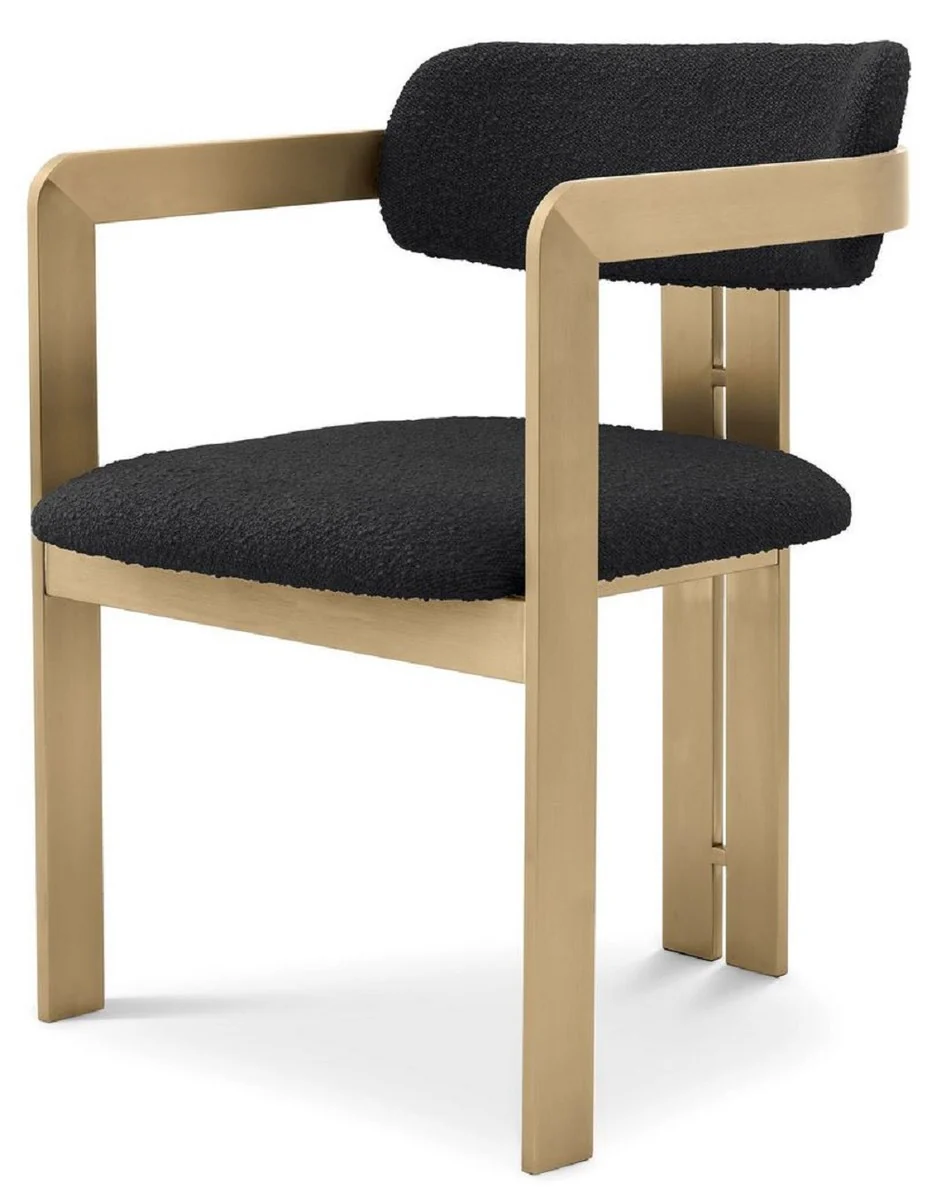 Luxus Esszimmerstuhl Schwarz / Messingfarben 57,5 x 58 x H. 79 cm - Edler Küchenstuhl mit Armlehnen - Luxus Esszimmer Möbel