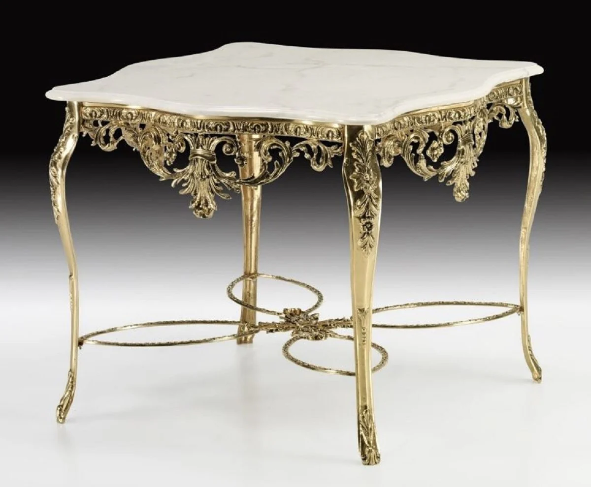Luxus Barock Esstisch mit Marmorplatte Gold / Weiß 98 cm - Barock Esszimmer Möbel
