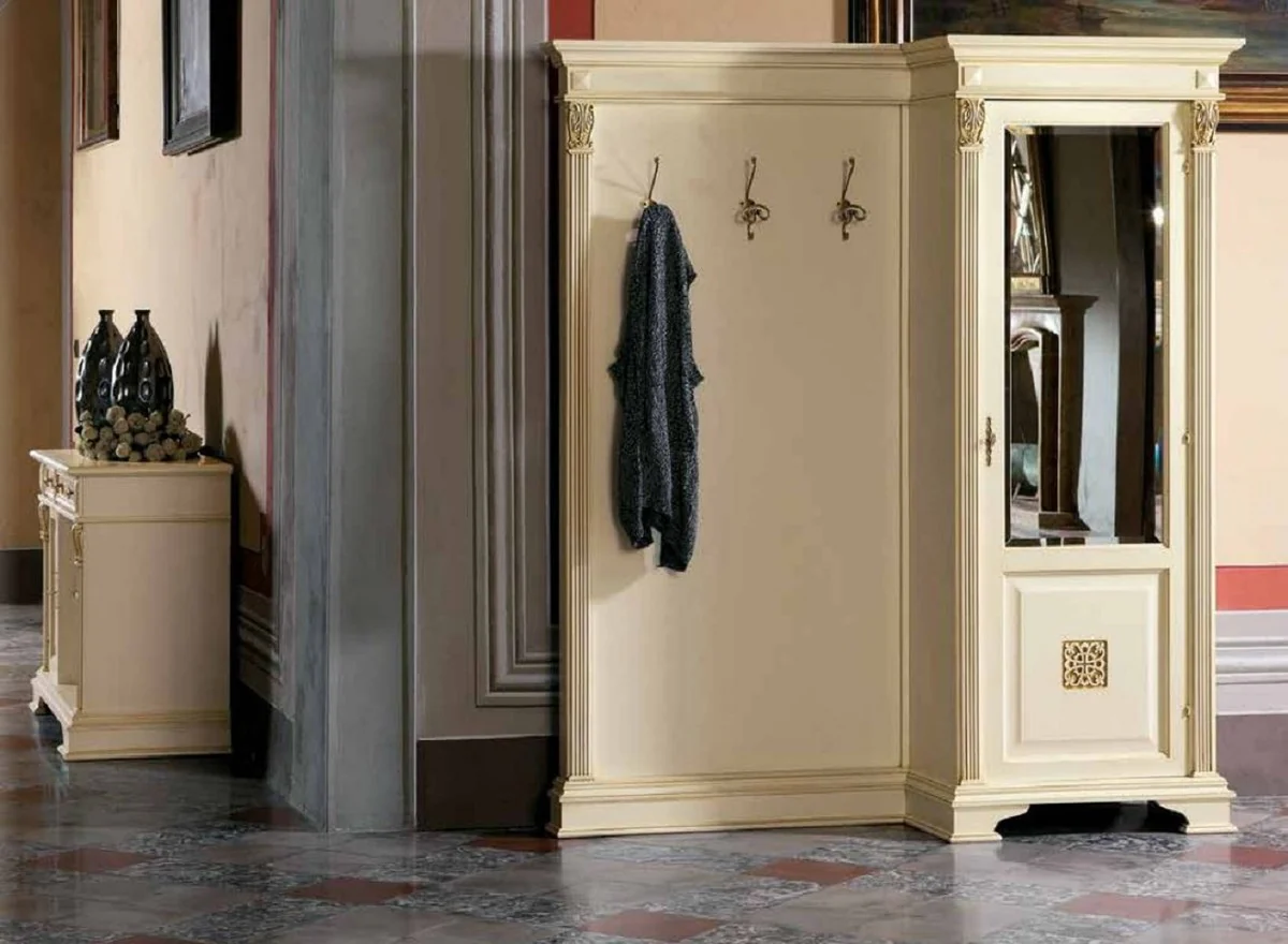 Luxus Barock Garderobe mit Schrank Creme / Gold - Massivholz Garderobe im Barockstil - Luxus Garderoben Möbel im Barockstil - Luxus Qualität - Made in Italy