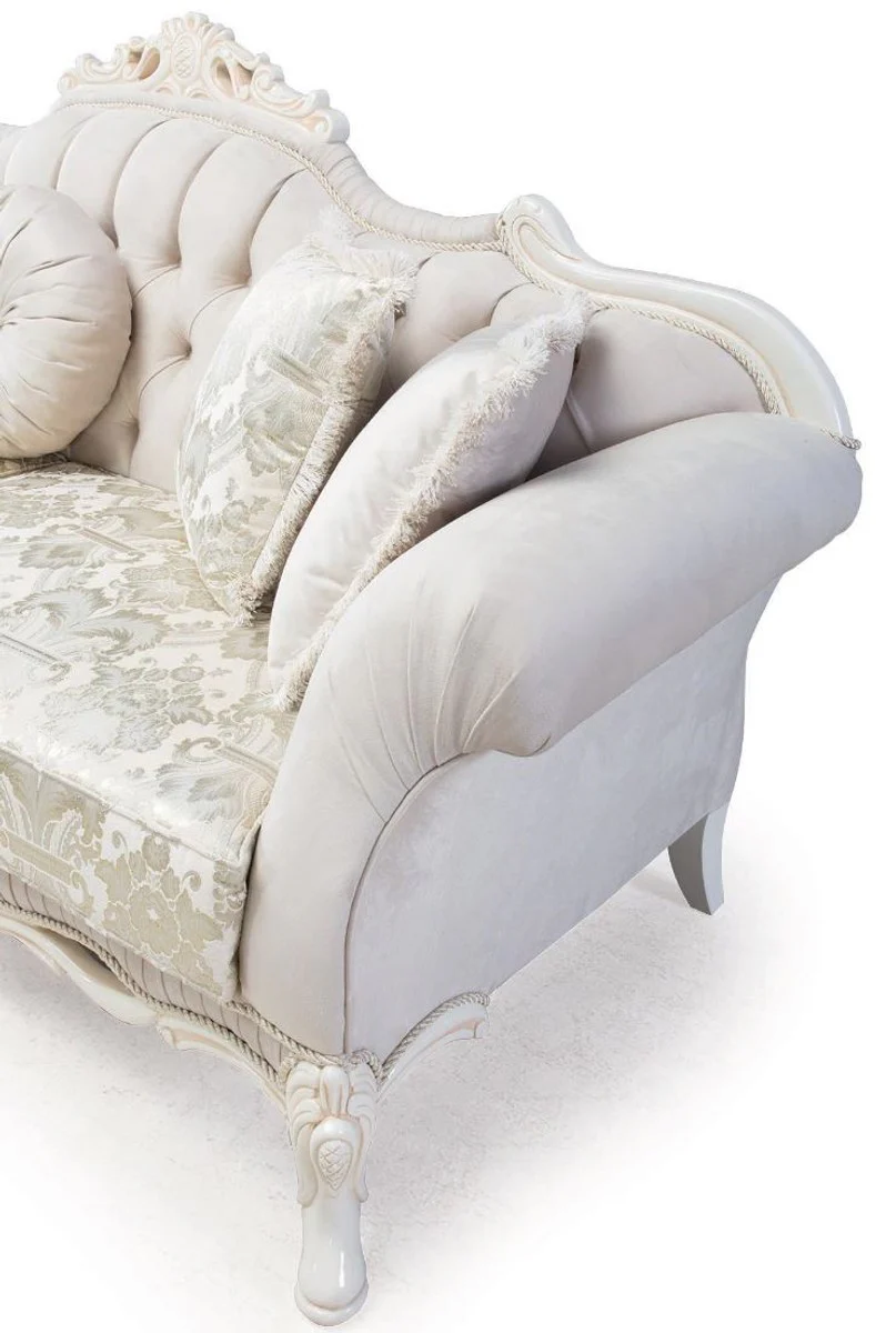 Luxus Barock Wohnzimmer Sofa mit dekorativen Kissen Hellrosa / Weiß / Beige 230 x 90 x H. 110 cm - Barock Möbel