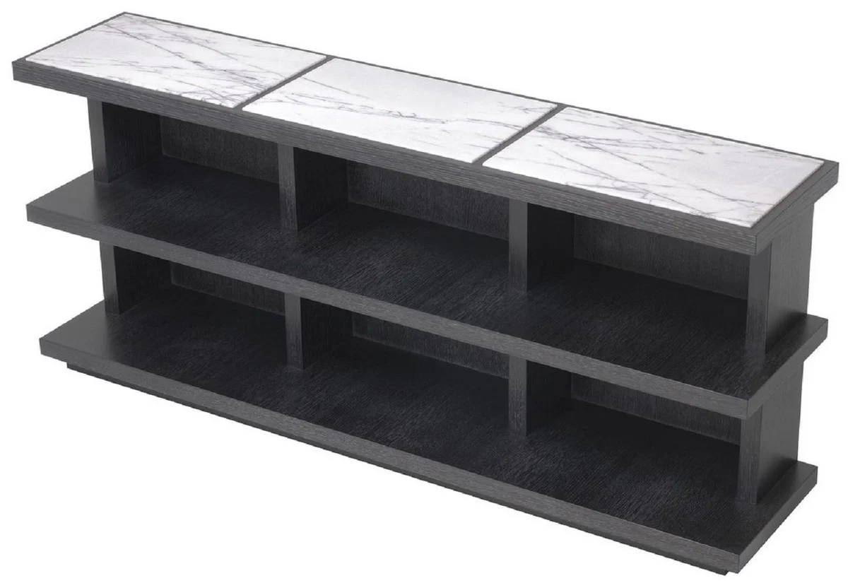 Luxus Regalschrank Anthrazitgrau / Weiß / Fliederfarben 160 x 35 x H. 70 cm - Edler Massivholz Schrank mit 3 Regalen und Marmorplatten - Luxus Wohnzimmer Möbel