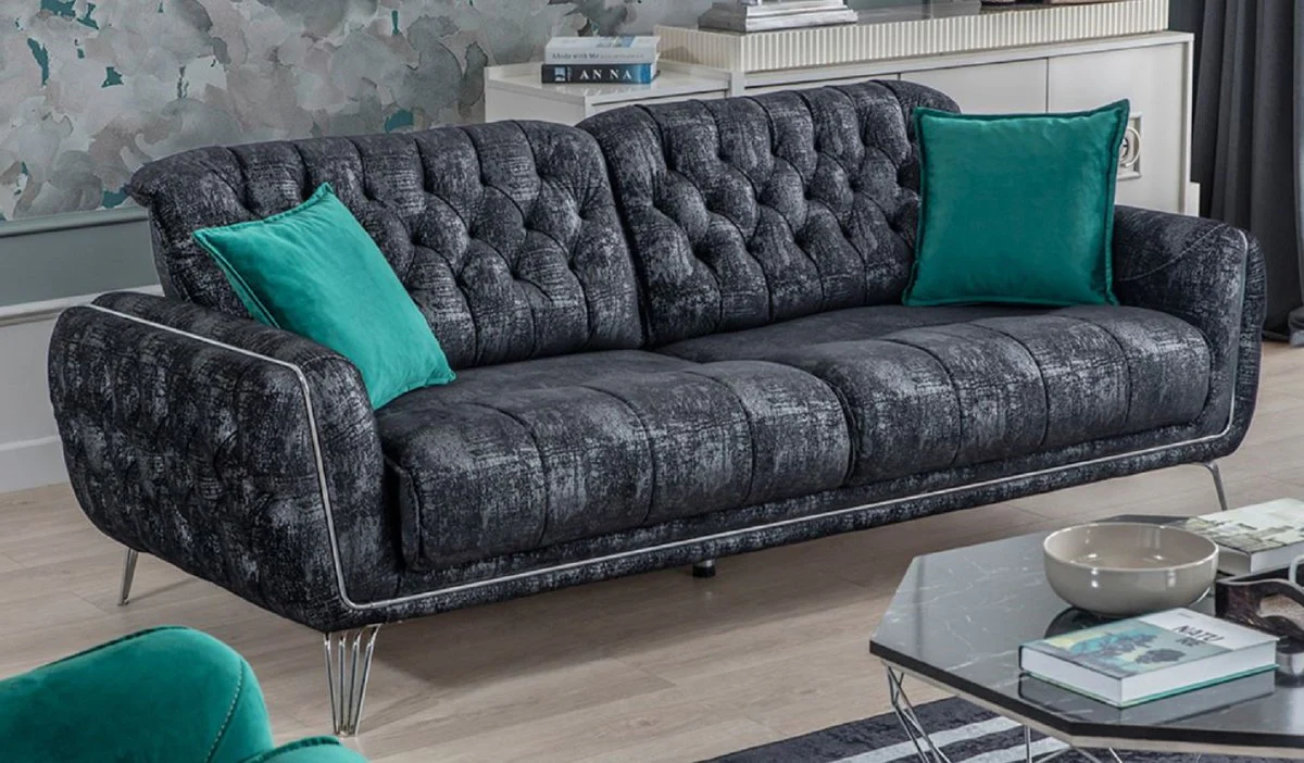 Luxus Chesterfield Schlafsofa Schwarz / Grau / Silber 230 x 95 x H. 75 cm - Modernes Wohnzimmer Sofa - Chesterfield Wohnzimmer Möbel
