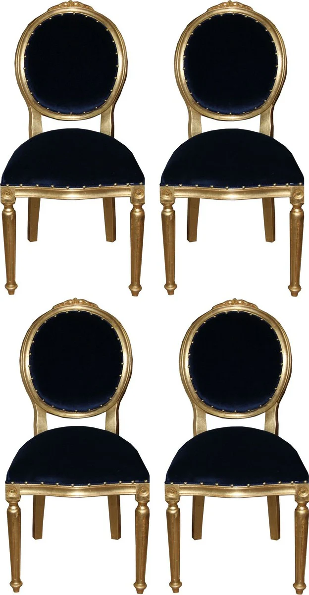 Luxus Barock Esszimmer Set Medaillon Royalblau / Gold 50 x 52 x H. 99 cm - 4 handgefertigte Esszimmerstühle - Barockmöbel