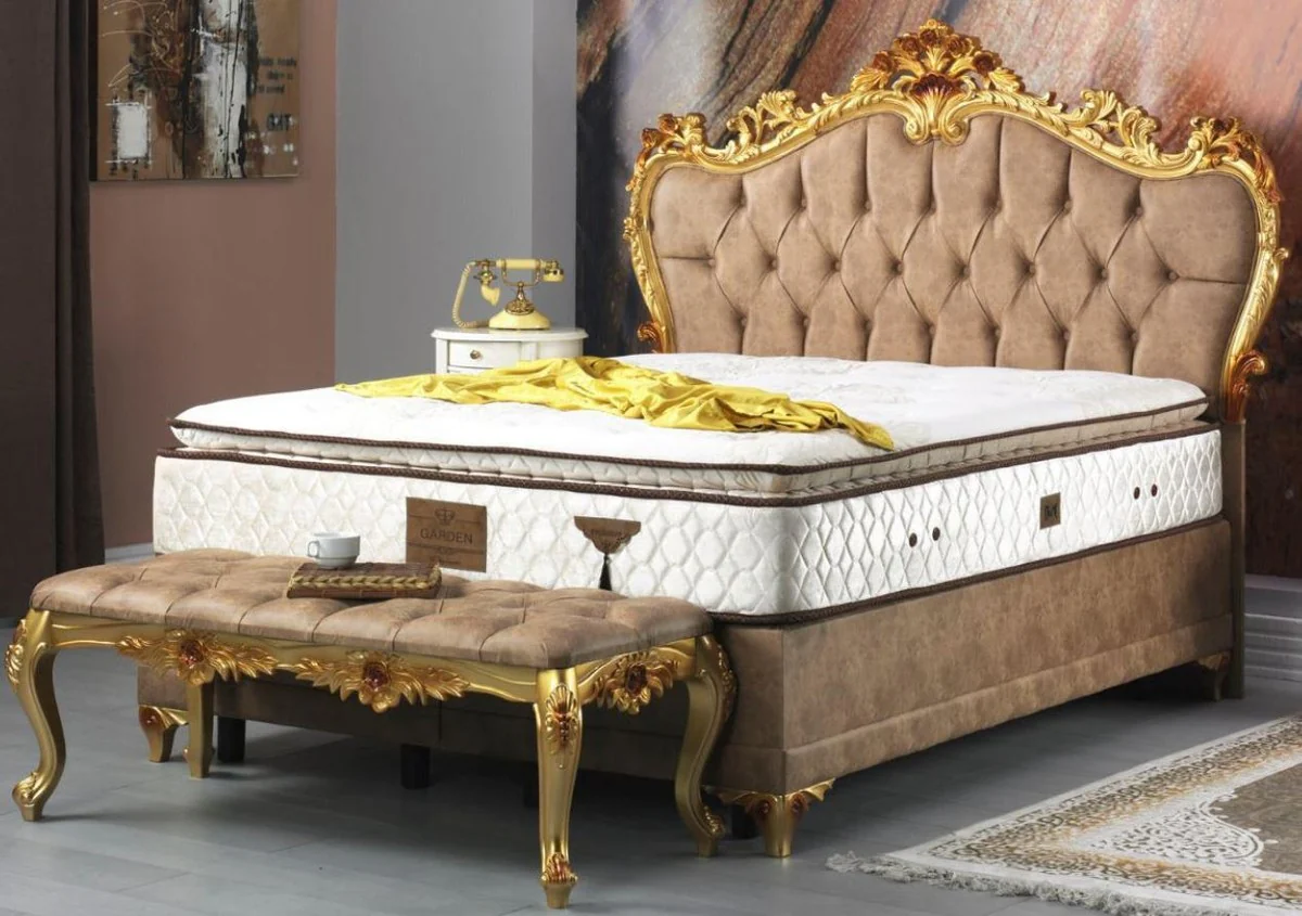 Barock Doppelbett Braun / Gold - Prunkvolles Samt Bett mit Matratze - Schlafzimmer Set im Barockstil - Schlafzimmermöbel