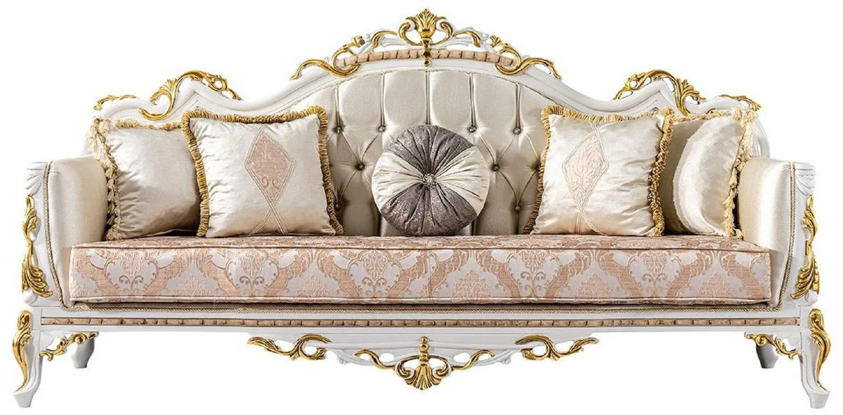 Luxus Barock Sofa Gold / Silber / Braun / Weiß / Gold - Prunkvolles Wohnzimmer Sofa mit Glitzersteinen - Barockstil Wohnzimmer Möbel - Luxus Möbel im Barockstil - Barock Einrichtung