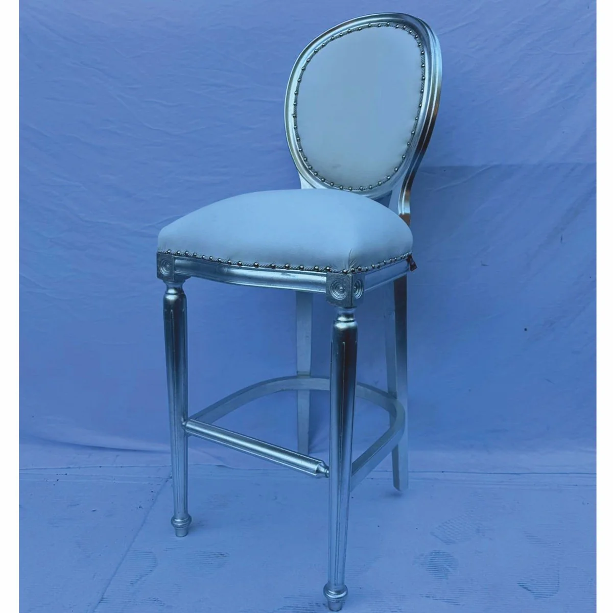Barock Kunstleder Barstuhl Weiß / Silber - Barock Bar Möbel
