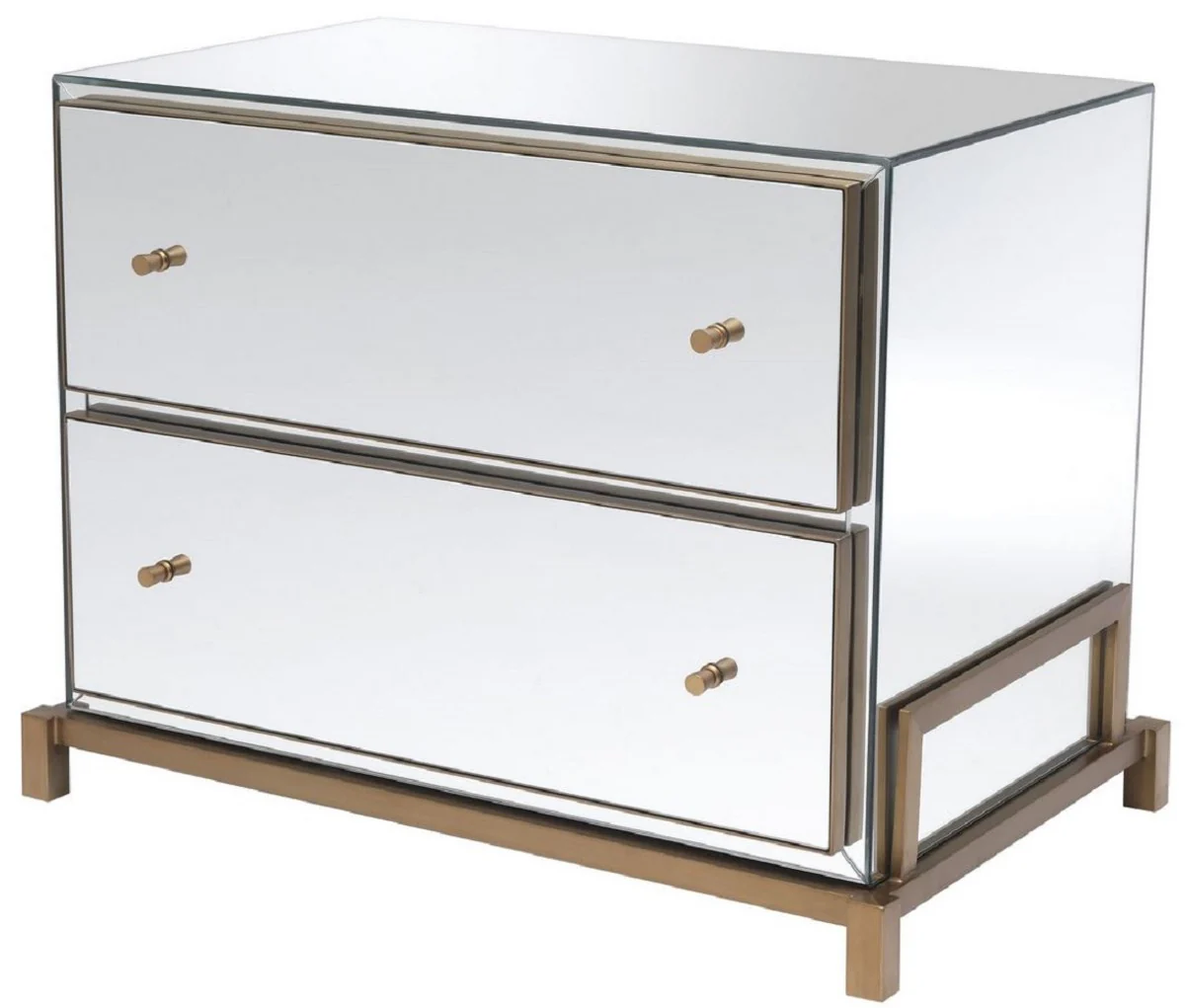 Luxus Spiegelglas Nachttisch Messingfarben 81,5 x 52 x H. 62 cm - Verspiegelte Nachtkommode mit 2 Schubladen - Schlafzimmer Möbel