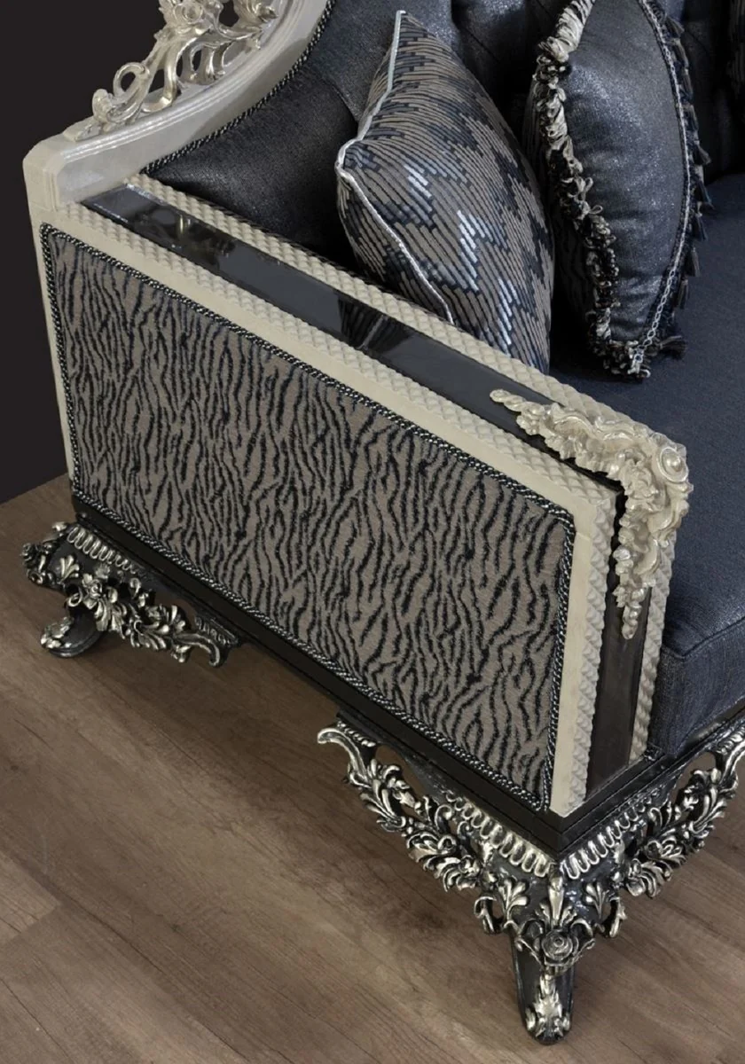 Luxus Barock Sofa Blau / Grau / Weiß / Schwarz / Silber - Prunkvolles Wohnzimmer Sofa mit elegantem Muster - Barock Wohnzimmer & Hotel Möbel - Edel & Prunkvoll