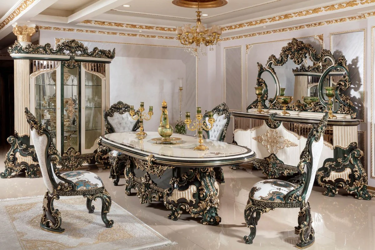 Luxus Barock Vitrine Weiß / Grün / Gold - Prunkvoller Massivholz Vitrinenschrank mit 2 Glastüren - Barock Möbel - Edel & Prunkvoll