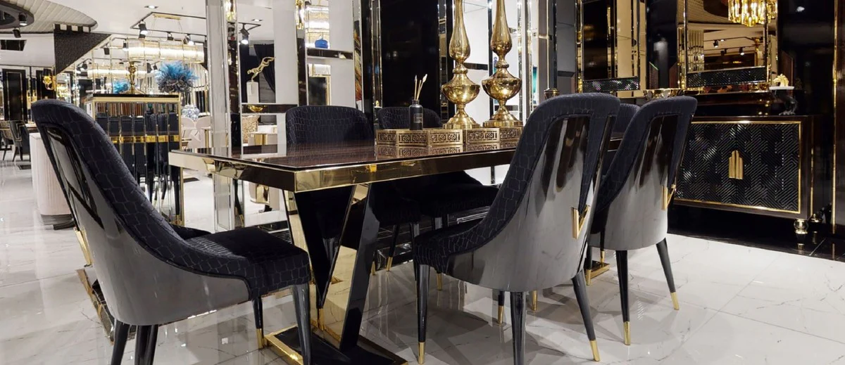 Luxus Esstisch Dunkelbraun / Gold 220 x 110 x H. 81 cm - Rechteckiger Massivholz Küchentisch - Esszimmer Möbel - Luxus Möbel - Luxus Einrichtung