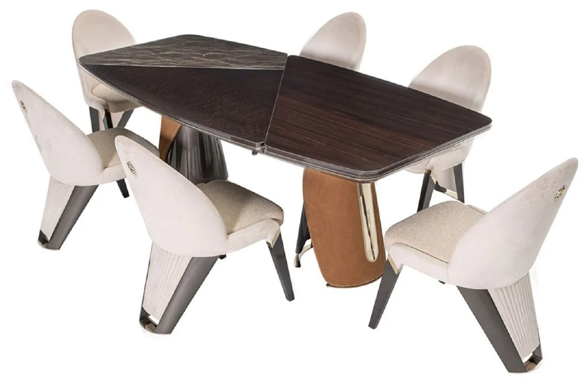 Luxus Esstisch Dunkelbraun / Grau / Hellbraun / Gold 240 x 113 x H. 79,5 cm - Massivholz Esszimmertisch mit Tischplatte in Marmoroptik - Esszimmer Möbel - Luxus Möbel