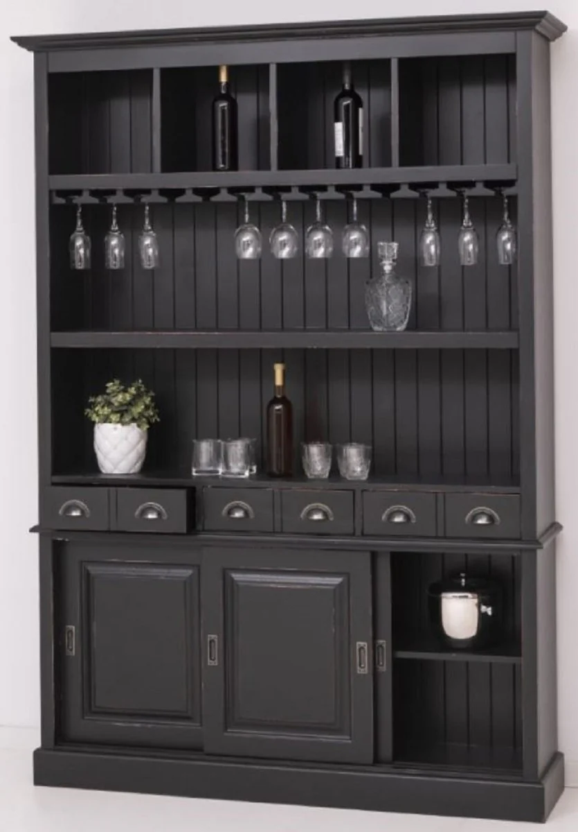 Landhausstil Massivholz Barschrank Antik Schwarz 151 x 36 x H. 210 cm - Massivholz Weinschrank im Landhausstil - Massivholz Bar Möbel - Landhausstil Bar Möbel