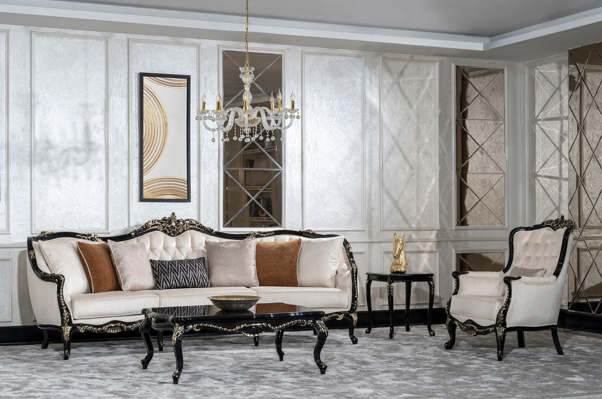 Luxus Barock Wohnzimmer Sofa Creme / Schwarz / Gold - Handgefertigtes Barockstil Sofa mit dekorativen Kissen - Luxus Wohnzimmer Möbel im Barockstil - Barock Möbel - Edel & Prunkvoll