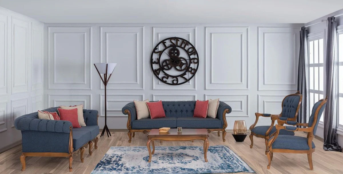 Luxus Barock Wohnzimmer Set Blau / Braun - 2 Barock Sofas & 2 Barock Sessel & 1 Barock Couchtisch - Barock Wohnzimmer Möbel