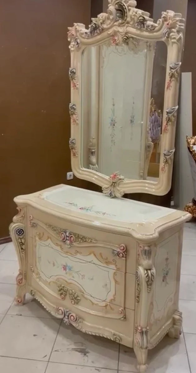 Luxus Barock Kommode mit Wandspiegel Beige / Creme / Mehrfarbig