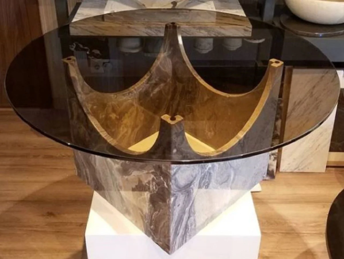 Luxus Marmor Couchtisch mit Glasplatte Grau / Bronzefarben Ø 90 x H. 43 cm - Runder Wohnzimmertisch aus hochwertigem Marmor - Luxus Wohnzimmer Möbel