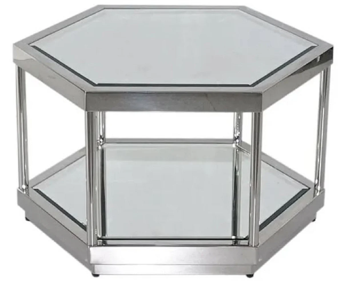 Luxus Couchtisch Silber 60 x 52 x H. 36 cm - 6 eckiger Metall Wohnzimmertisch mit Glasplatten - Wohnzimmer Möbel - Luxus Möbel