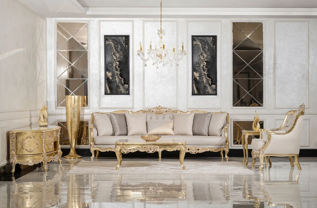 Luxus Barock Couchtisch Gold / Creme / Weiß - Handgefertigter Massivholz Wohnzimmertisch im Barockstil - Luxus Wohnzimmer Möbel im Barockstil - Barock Möbel - Edel & Prunkvoll