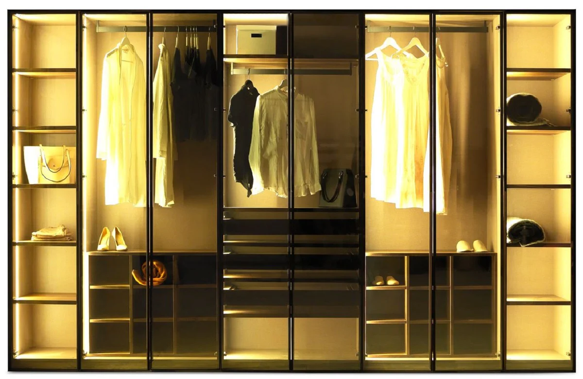 Luxus Schlafzimmerschrank Dunkelbraun 360 x 62 x H. 230 cm - Beleuchteter Kleiderschrank mit 8 Glastüren - Schlafzimmer Möbel - Hotel Möbel - Luxus Möbel