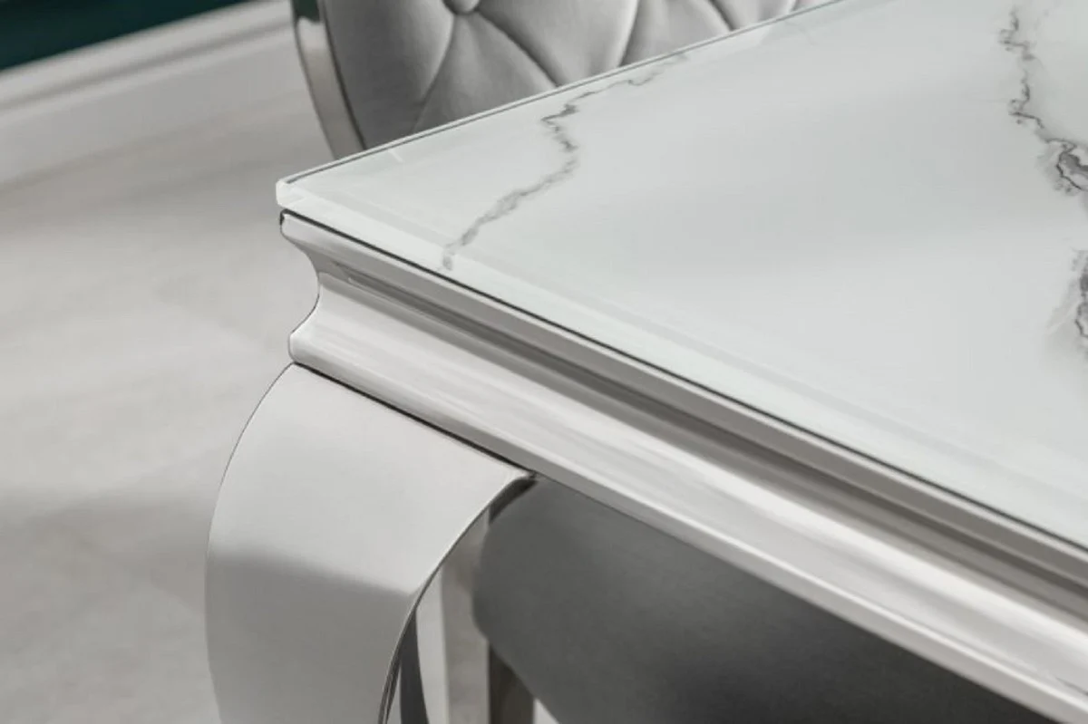 Designer Esstisch Weiß / Grau / Silber 180 x 95 x H. 75 cm - Rechteckiger Edelstahl Küchentisch mit digitalbedrucktem Sicherheitsglas in Marmoroptik - Moderne Barock Möbel