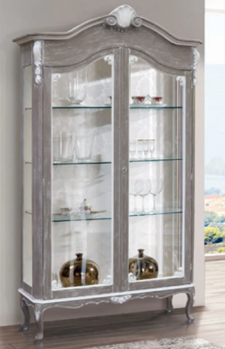 Luxus Barock Vitrine Grau / Weiß - Prunkvoller Barock Vitrinenschrank mit 2 Glastüren - Barock Möbel - Luxus Qualität - Made in Italy