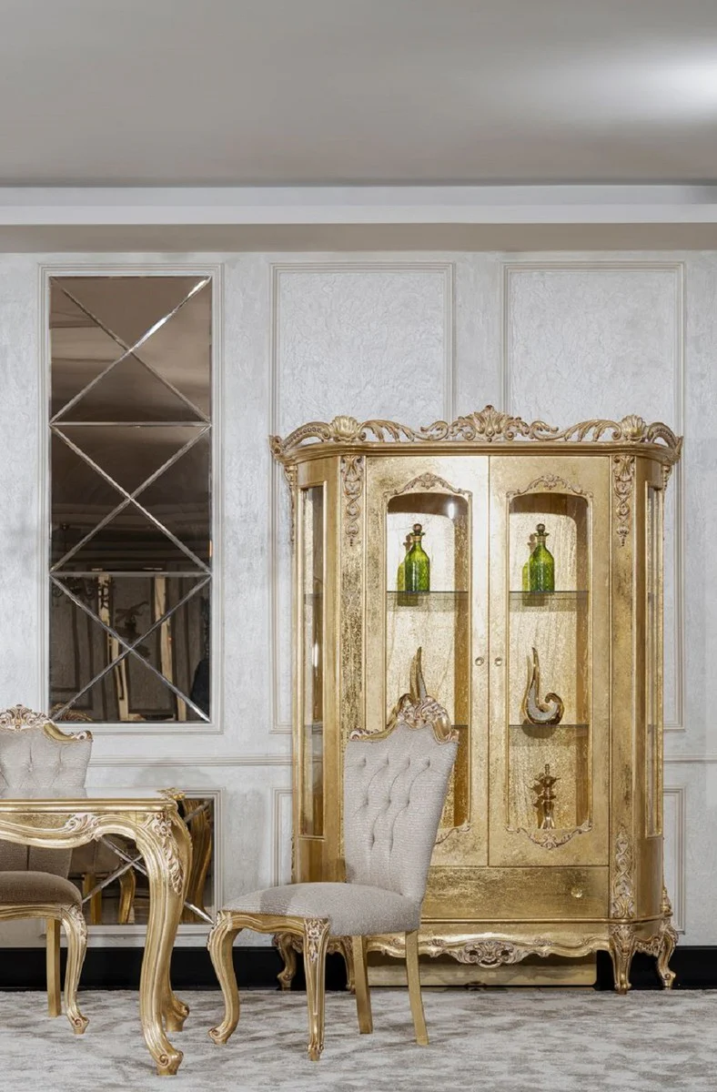 Luxus Barock Vitrine Gold - Handgefertigter Massivholz Vitrinenschrank mit 2 Glastüren und Schublade - Luxus Möbel im Barockstil - Barock Möbel - Edel & Prunkvoll