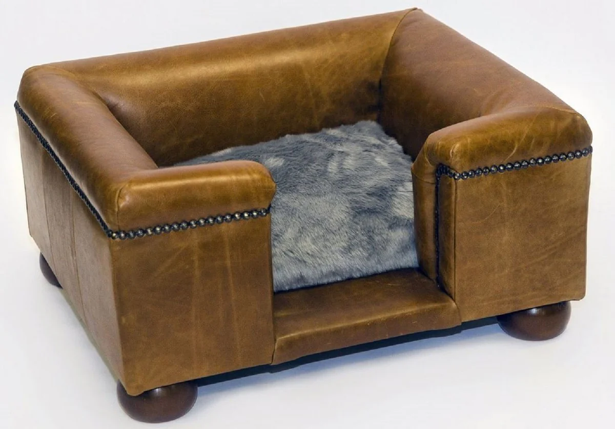 Luxus Leder Hundebett Vintage Braun / Dunkelbraun / Grau 65 x 55 x H. 31 cm - Rechteckiges Echtleder Hundebett - Luxus Echtleder Tiermöbel