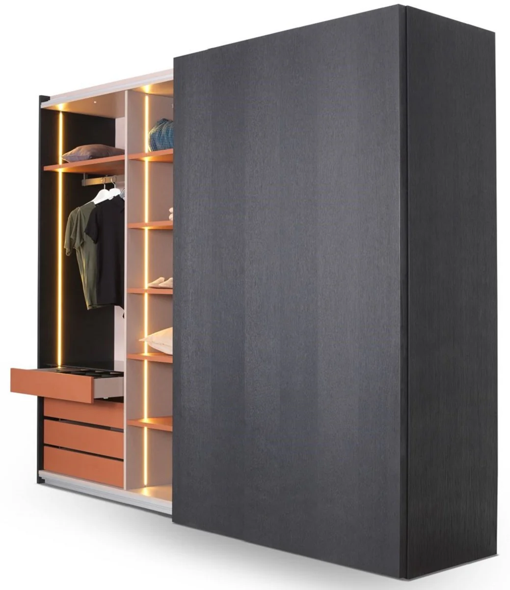 Luxus Schlafzimmerschrank Schwarz 260 x 70 x H. 228 cm - Beleuchteter Massivholz Kleiderschrank mit 2 Schiebetüren - Schlafzimmer Möbel - Hotel Möbel - Luxus Möbel