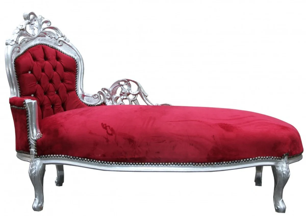 Barock Chaiselongue King Bordeaux Rot /Silber mit Bling Bling Glitzersteinen