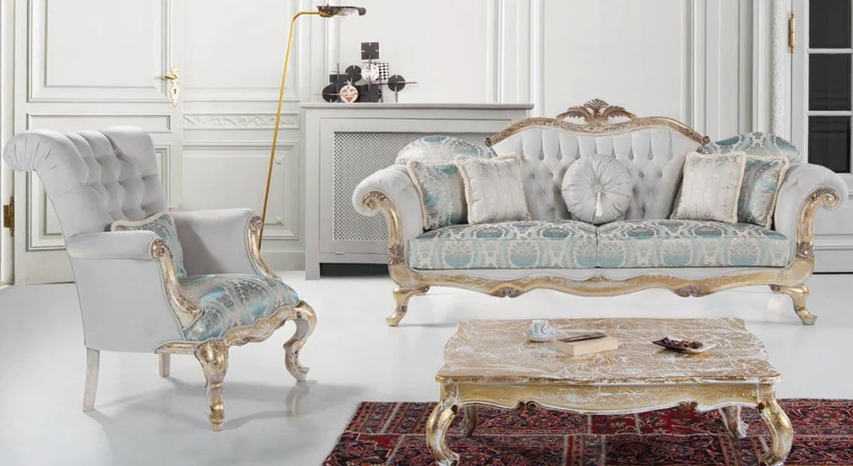 Luxus Barock Wohnzimmer Set Grau / Türkis / Antik Gold - 2 Sofas & 2 Sessel & 1 Couchtisch - Wohnzimmer Möbel im Barockstil - Edel & Prunkvoll