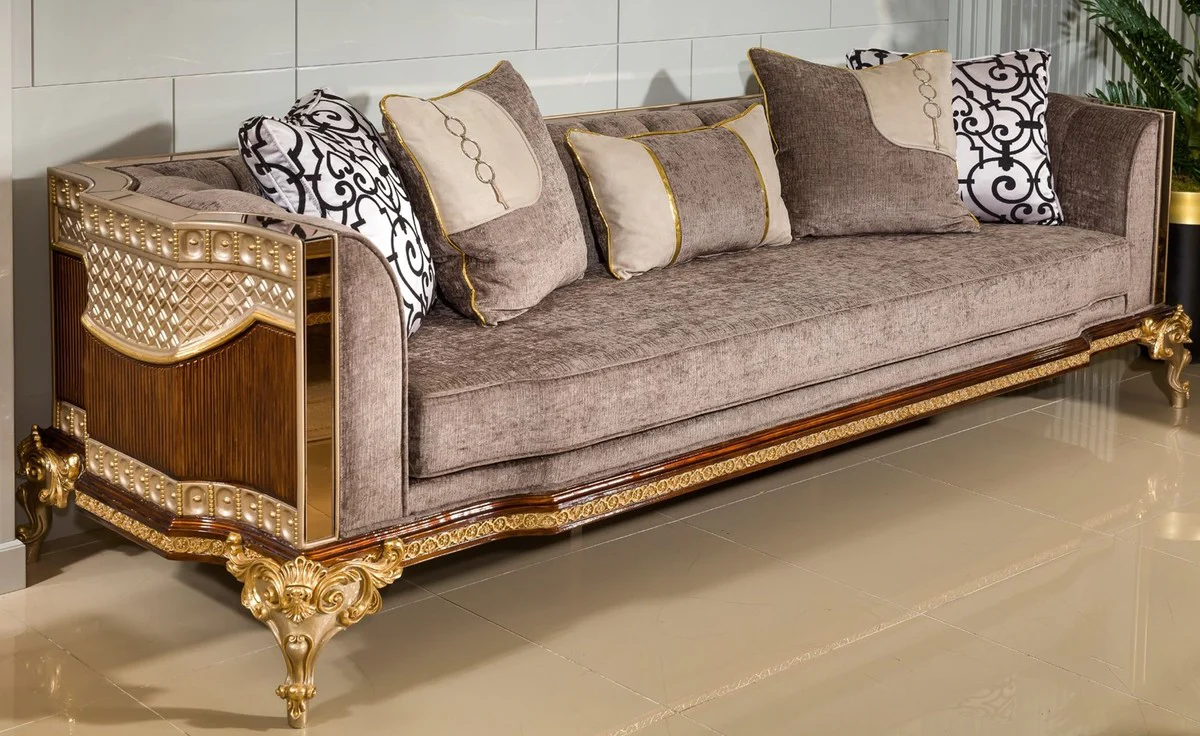 Luxus Barock Sofa Grau / Dunkelbraun / Gold 265 cm - Barock Möbel