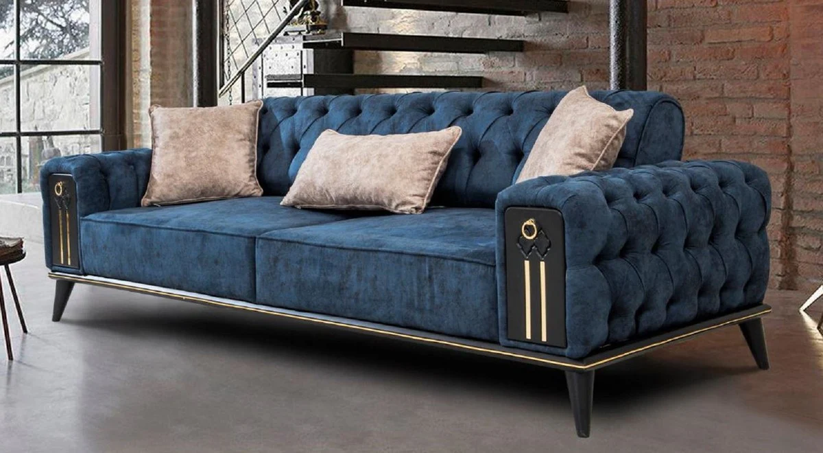 Luxus Chesterfield Schlafsofa Blau / Schwarz / Gold 220 x 90 x H. 80 cm - Modernes Wohnzimmer Sofa - Chesterfield Wohnzimmer Möbel