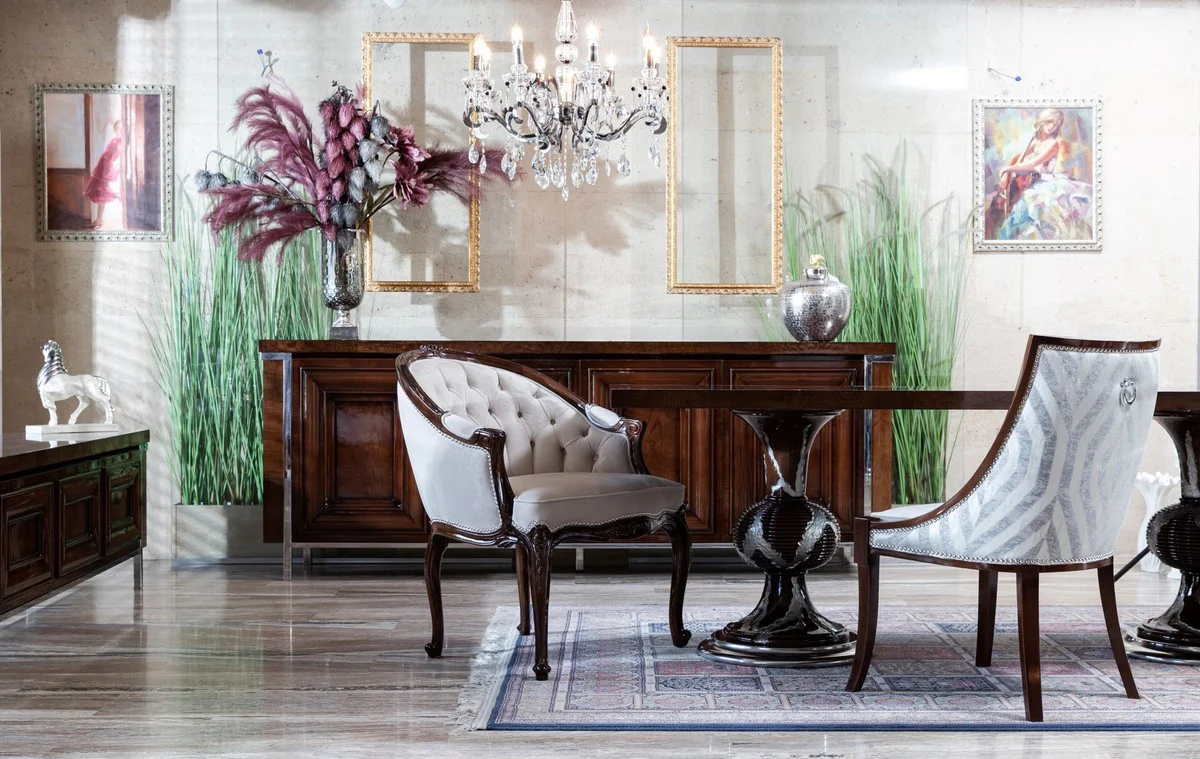 Luxus Barock Esszimmerstuhl mit Armlehnen Weiß / Dunkelbraun - Prunkvoller Massivholz Stuhl im Barockstil - Barock Esszimmer Möbel