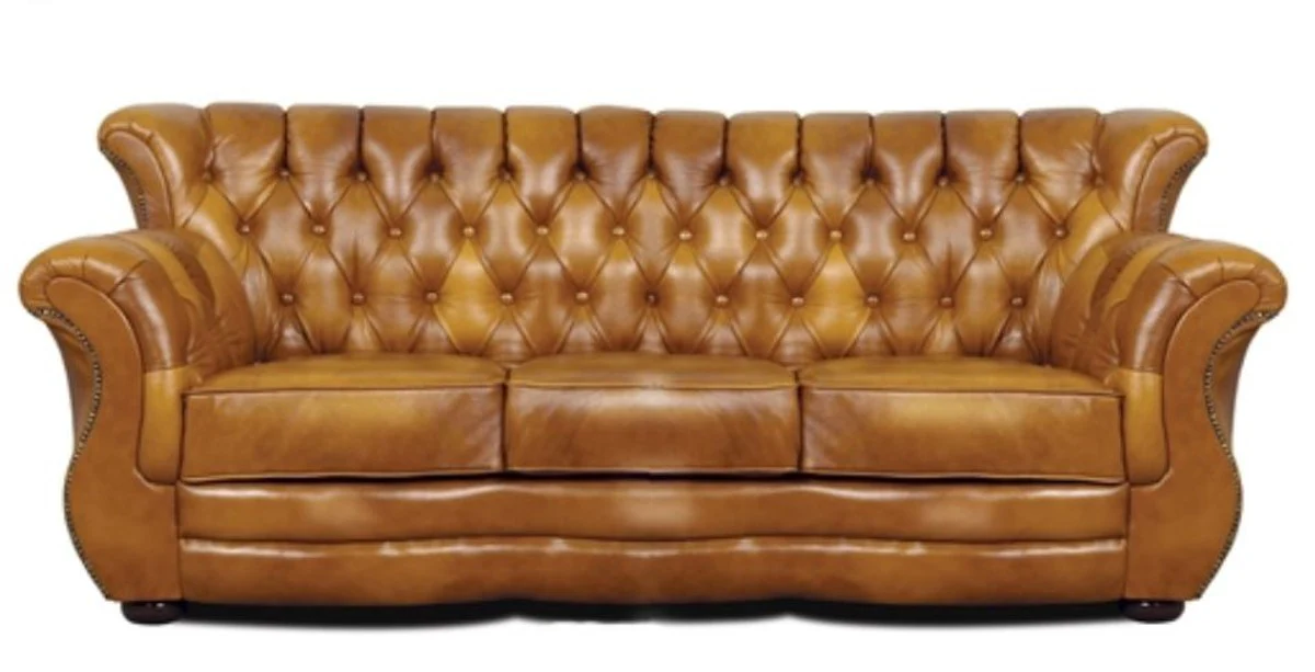 Luxus Chesterfield Echtleder 3er Sofa Braun 200 x 85 x H. 90 cm - Echtleder Möbel