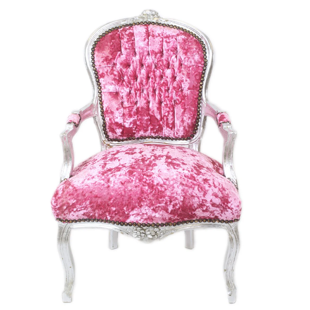 Barock Salon Stuhl Pink Velour Stoff / Silber - Antik Design Möbel
