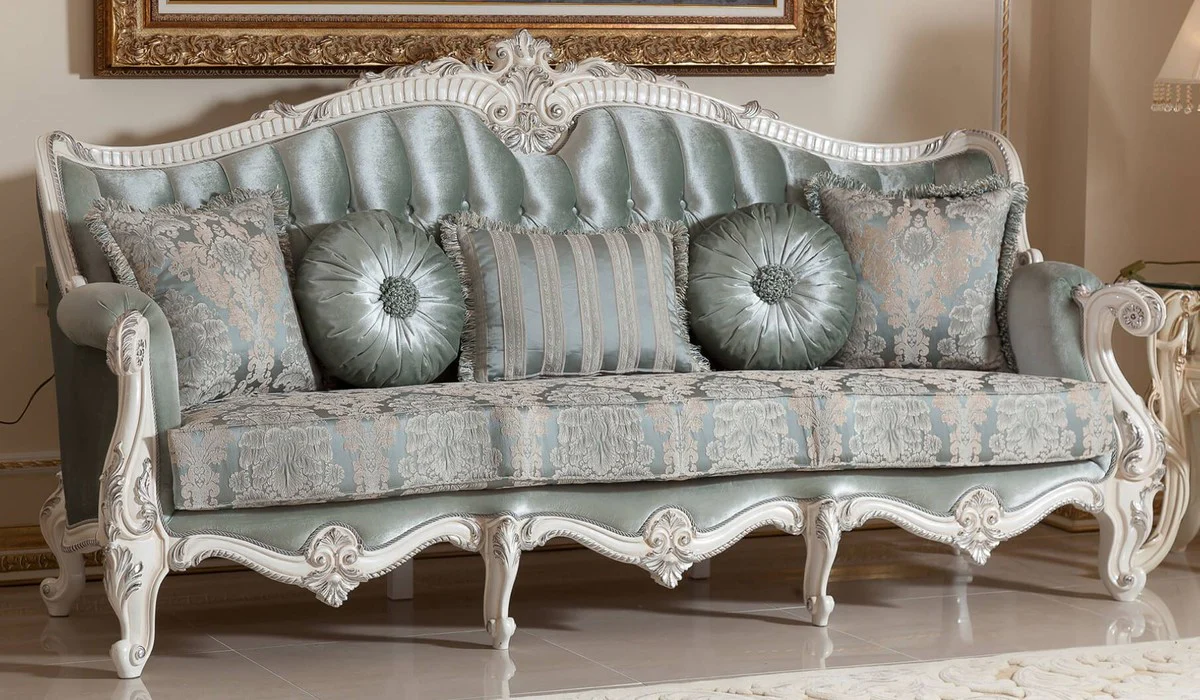 Luxus Barock Sofa Grün / Beige / Weiß / Silber - Prunkvolles Wohnzimmer Sofa mit elegantem Muster - Barock Möbel - Luxus Wohnzimmer Möbel im Barockstil - Edel & Prunkvoll