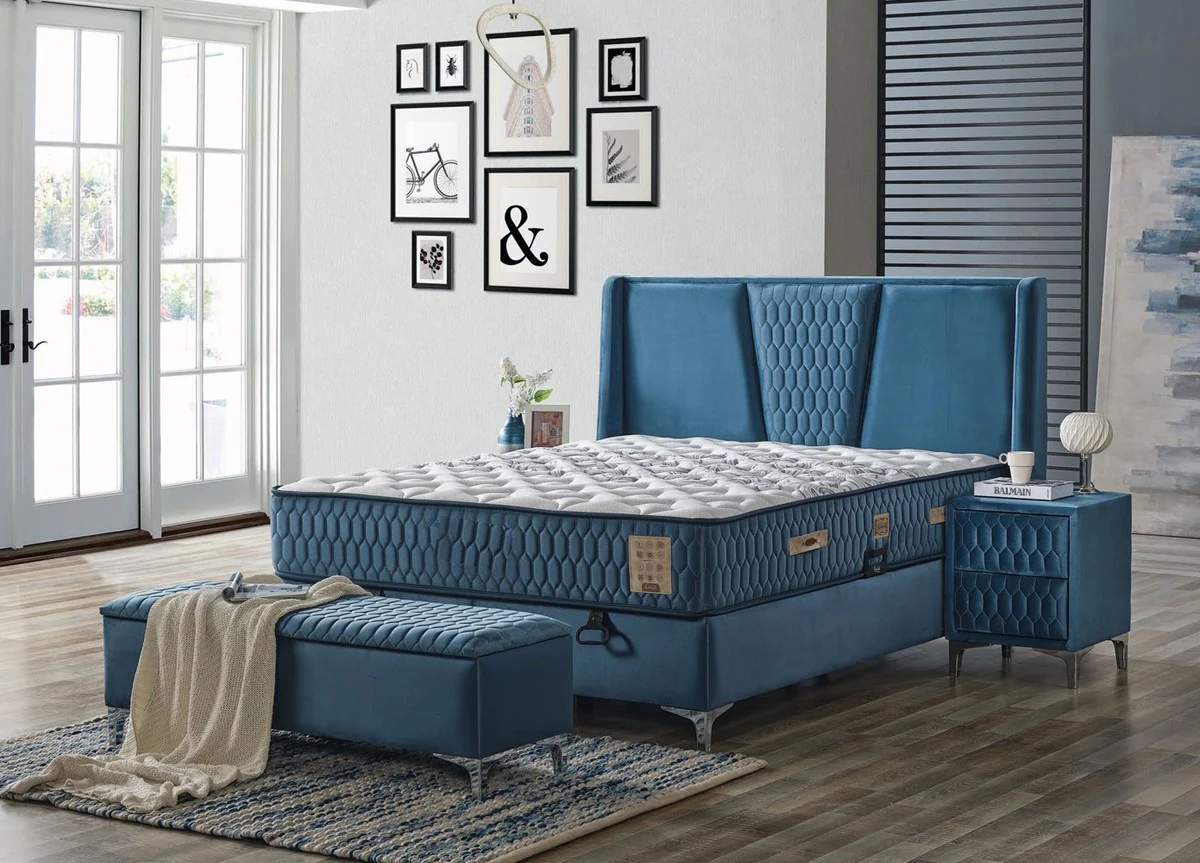 Luxus Doppelbett Blau / Weiß / Silber 180 x 200 cm - Massivholz Bett mit Kopfteil und Matratze - Schlafzimmer Möbel - Hotel Möbel - Luxus Möbel - Luxus Einrichtung