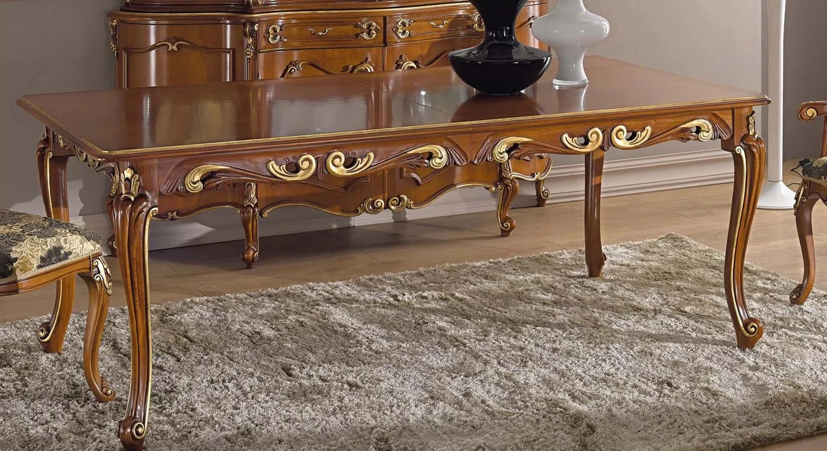 Luxus Barock Esstisch Braun / Gold - Ausziehbarer Massivholz Esszimmertisch - Barock Esszimmer Möbel - Luxus Qualität - Made in Italy