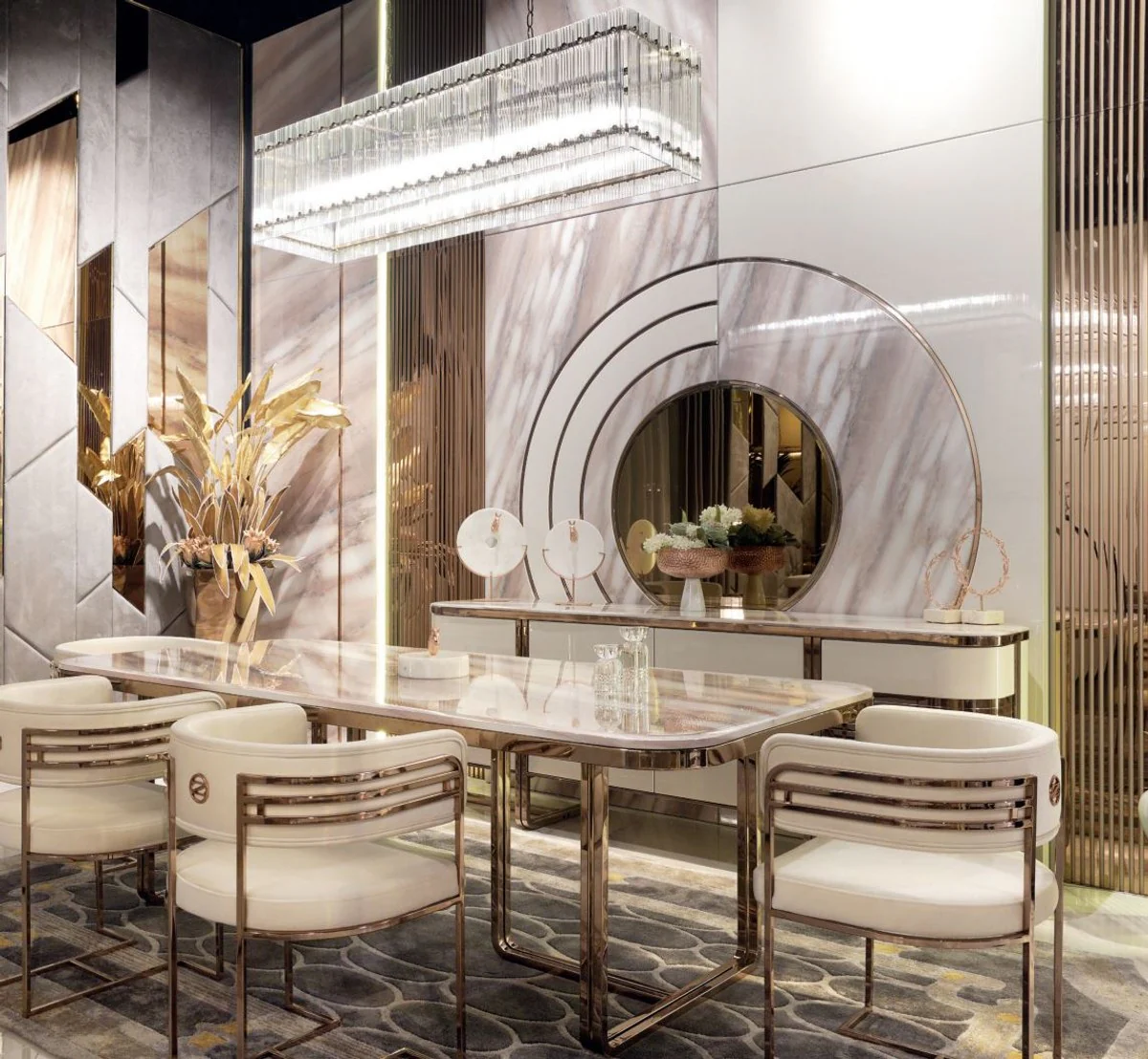 Luxus Esszimmer Set Creme / Weiß / Kupfer - 1 Luxus Esstisch mit Kunstmarmor Tischplatte & 8 Luxus Esszimmer Stühle - Esszimmer Möbel - Luxus Möbel - Luxus Einrichtung