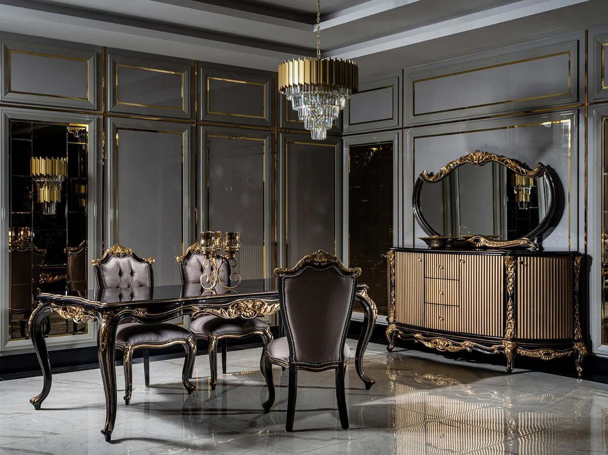 Luxus Barock Esszimmer Set Silber / Schwarz / Gold - 1 Esstisch & 6 Esszimmerstühle - Barock Esszimmer Möbel - Edel & Prunkvoll