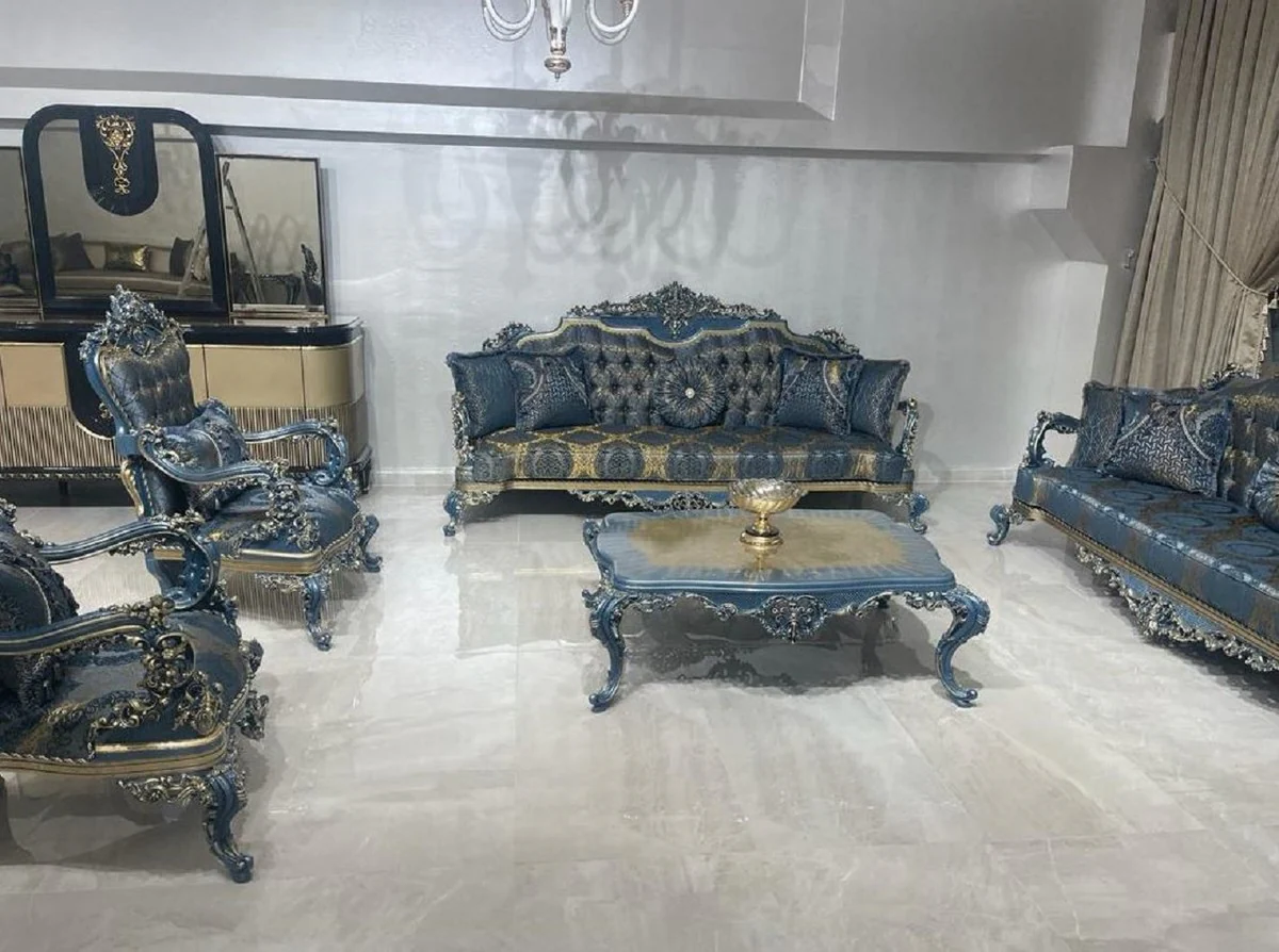 Luxus Barock Couchtisch Blau / Gold - Prunkvoller Wohnzimmertisch im Barockstil - Barockstil Wohnzimmer Möbel - Barock Einrichtung - Barock Möbel - Luxus Möbel im Barockstil