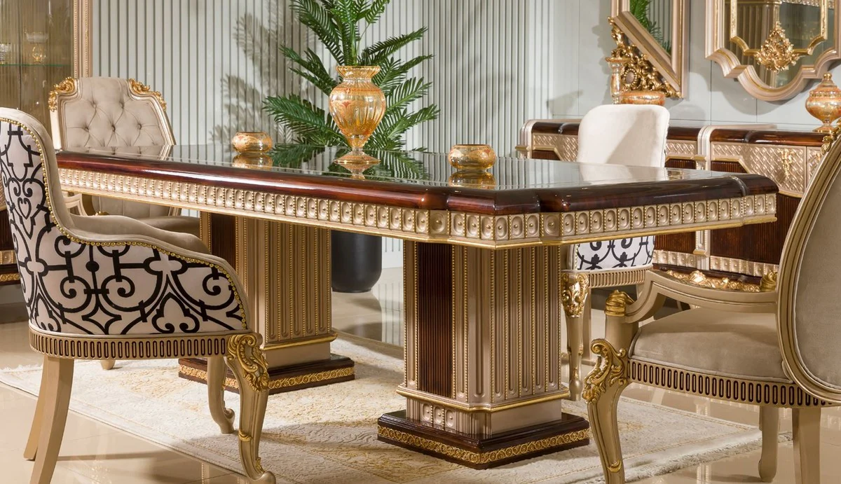 Luxus Barock Esstisch Dunkelbraun / Grau / Gold 250 cm