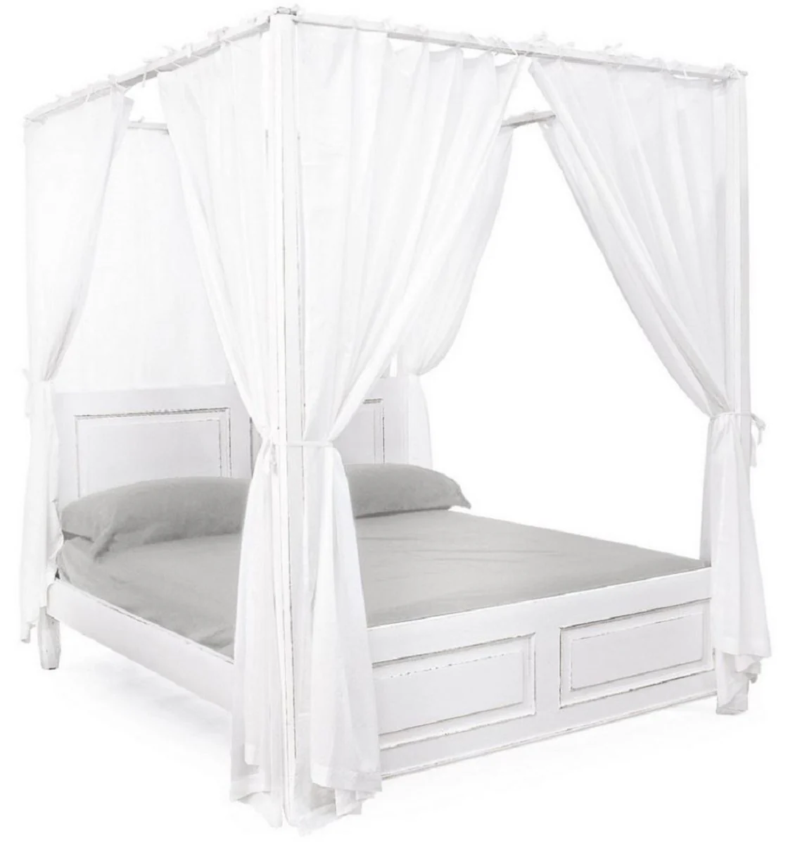 Landhausstil Doppelbett Antik Weiß 175 x 209 x H. 210 cm - Massivholz Bett mit Baumwoll Vorhängen - Schlafzimmer Möbel im Landhausstil - Landhausstil Möbel