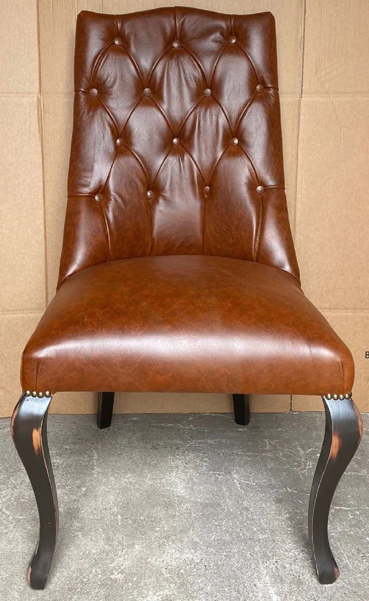 Chesterfield Leder Esszimmerstuhl Braun / Antik Schwarz - Echtleder Stuhl - Chesterfield Leder Esszimmer Möbel