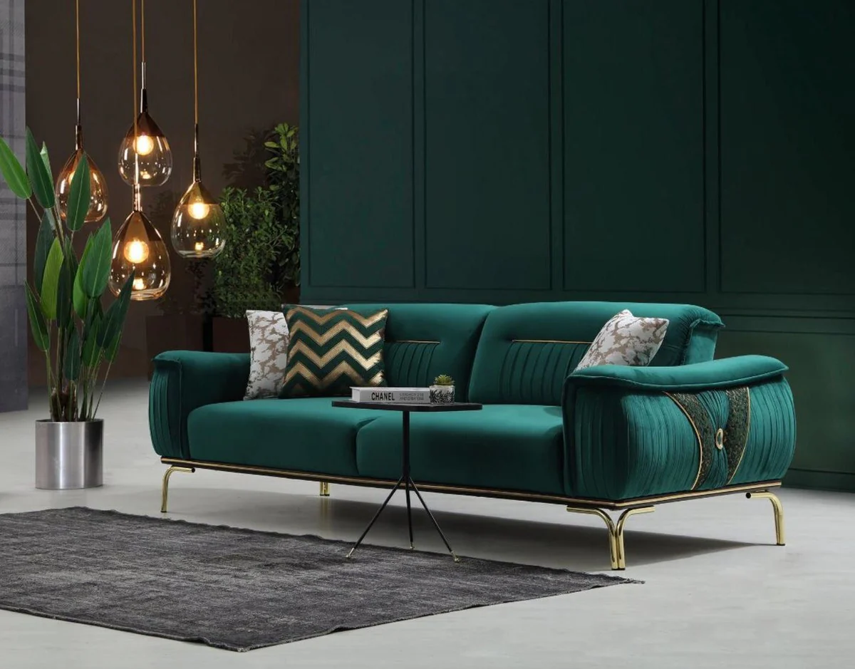 Luxus Wohnzimmer Sofa mit verstellbarer Rückenlehne Grün / Gold 223 x 93 x H. 78 cm - Luxus Wohnzimmer Möbel