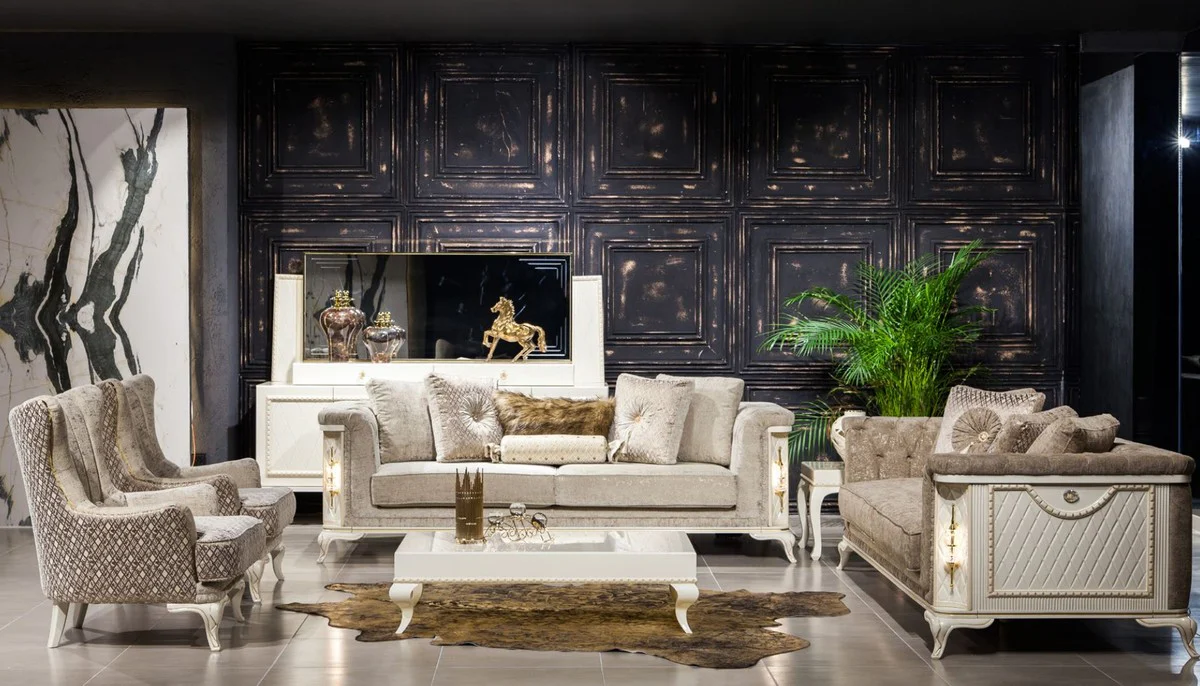 Luxus Barock Sofa Grau / Weiß / Gold - Beleuchtetes Wohnzimmer Sofa im Barockstil - Barock Wohnzimmer Möbel - Edel & Prunkvoll