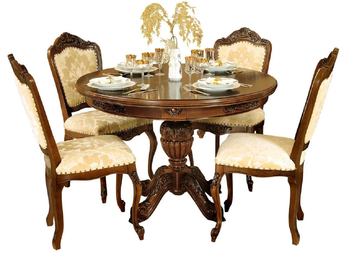 Luxus Barock Esszimmer Set Creme / Dunkelbraun - 1 Ausziehbarer Barock Esstisch & 4 Barock Esszimmerstühle - Barock Esszimmer Möbel - Luxus Möbel im Barockstil - Edel & Prunkvoll